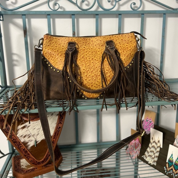 New Fall Western Genuine Ostrich Embossed Leather Rustic Crazy Horse Bag Fringe - Picture 3 of 16